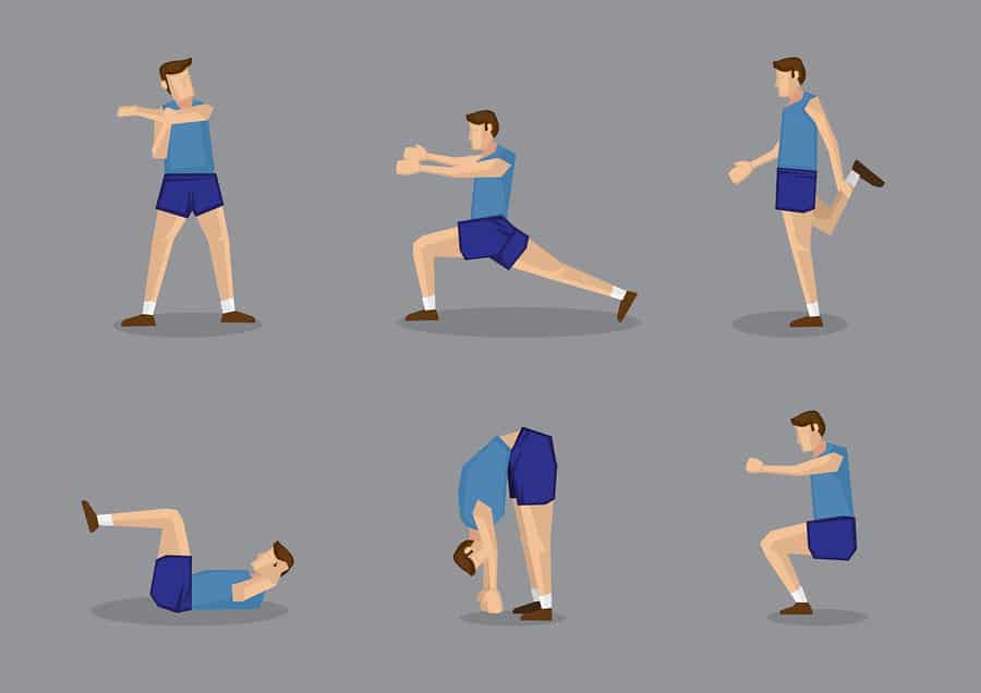 Sporty man in blue singlet and shorts doing stretches and warm-up exercises. Vector illustration set isolated on grey background.